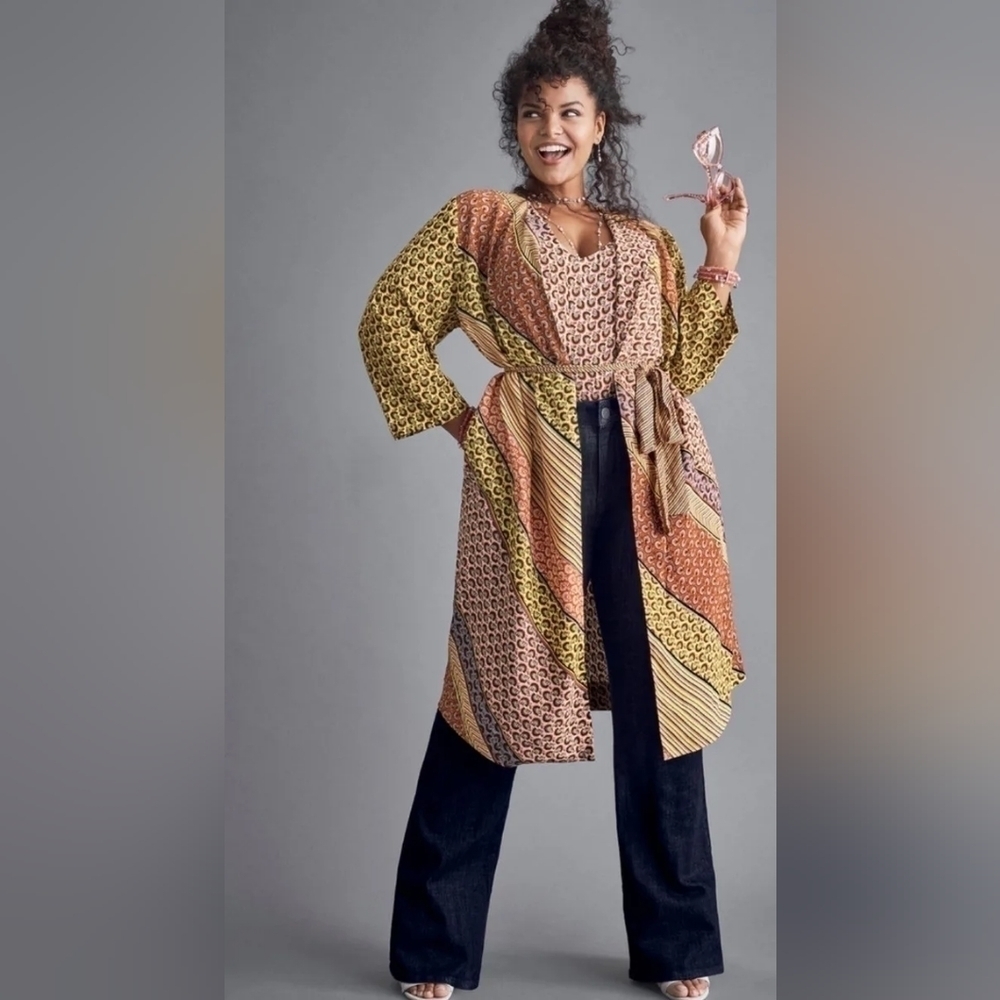 🔥CABI Poet Patchwork Open Front Waist Tie Kimono Jacket #5664, Size XS